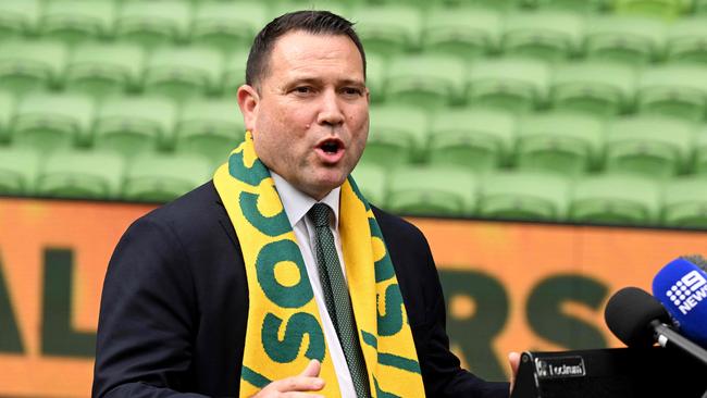 Football Australia CEO James Johnson speaks during an announcement at the Melbourne Rectangular Stadium in Melbourne on August 21, 2024, that Australia will play its 2026 FIFA World Cup AFC qualifying football match against Saudi Arabia on November 14. (Photo by William WEST / AFP) / -- IMAGE RESTRICTED TO EDITORIAL USE - STRICTLY NO COMMERCIAL USE --