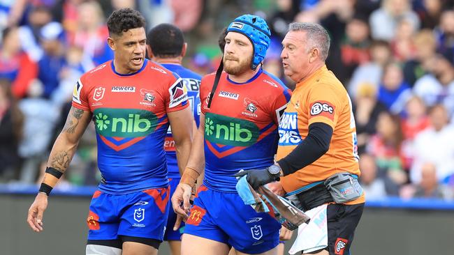 Jackson Hastings limps off with an ankle injury. Picture: Getty