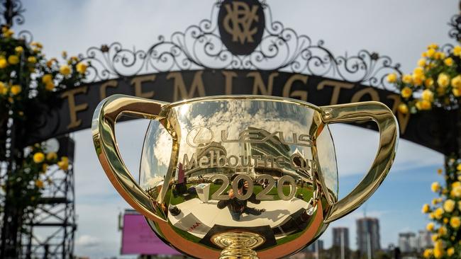 MELBOURNE, AUSTRALIA - OCTOBER 27: The Melbourne Cup trophy is seen during the Melbourne Cup Carnival launch at Flemington Racecourse on October 27, 2020 in Melbourne, Australia. (Photo by Darrian Traynor/Getty Images)