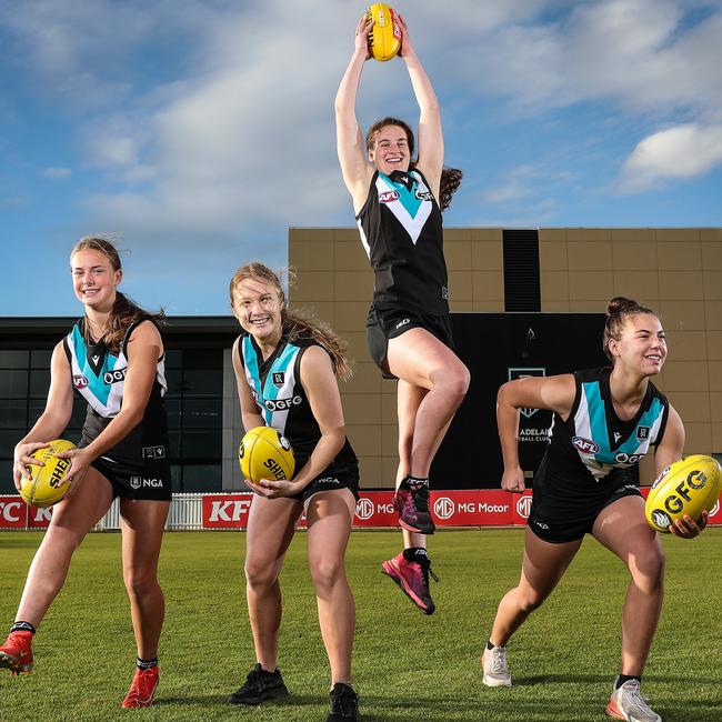 Port Adelaide is preparing to pitch its case to the AFL that it be granted a licence to form a women’s team and join the AFLW. Pictured are Next Generation Academy footballers Jemma Whitington-Charity, Marlie Fiegert, Lauren Young and Chloe Whitington-Charity. Picture: Sarah Reed