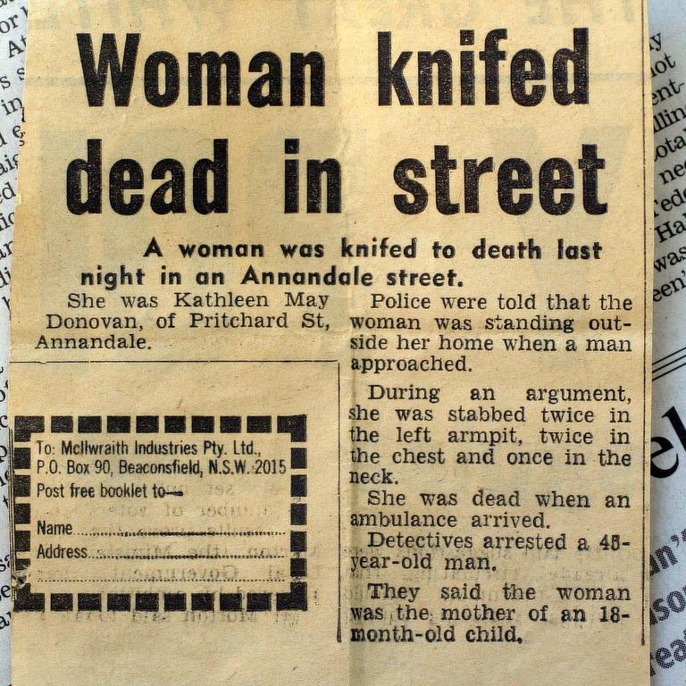 Unforgivable act ... newspaper clipping from 1968 reporting the murder of Kathy’s mother.