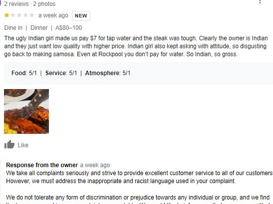 Google left this review of Hurricane’s Grill Circular Quay live for a week. Picture: Google