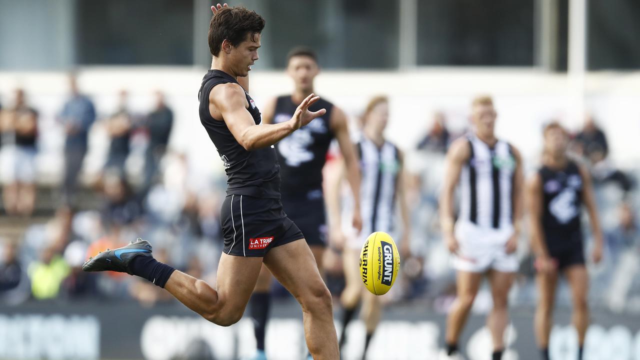 Jack Silvagni takes a shot at goal for the Blues. Picture: Getty Images