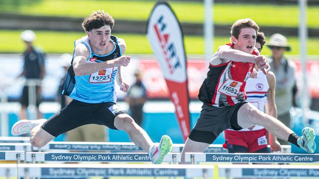 Boys U15 100m hurdles final with Cameron Badger from Sutherland. Picture: Julian Andrews