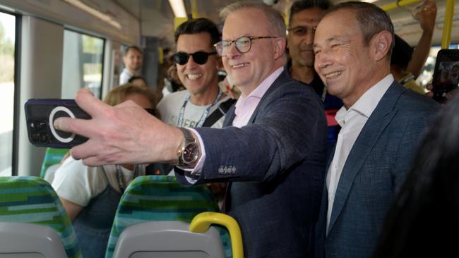 Prime Minister Anthony Albanese joins WA Premier Roger Cook on the newly opened Ellenbrook train line via Metronet. Picture: NewsWire / Sharon Smith