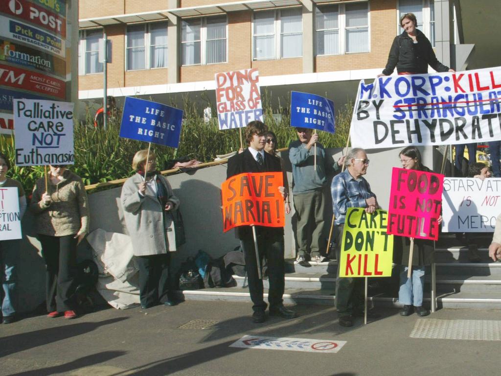 Protesters gathered outside The Alfred hospital when it was announced Maria Korp would be taken off life support.