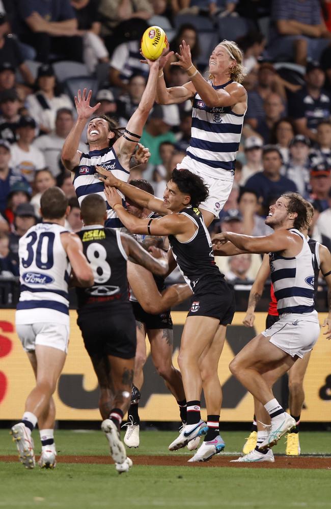 Sam De Koning takes to the sky in Geelong’s win on Saturday night. Picture: Darrian Traynor/Getty Images