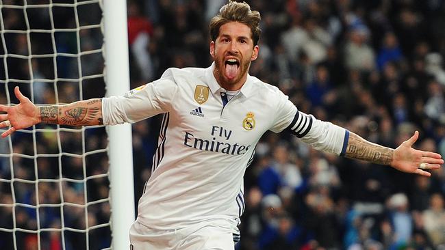 Sergio Ramos of Real Madrid celebrates after scoring the winning goal.