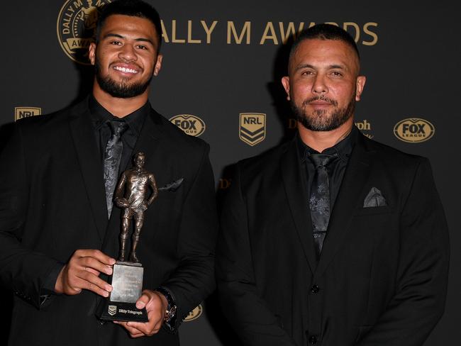 Payne Haas with father Gregor at the Dally M Awards. Picture: Dan Himbrechts/AAP