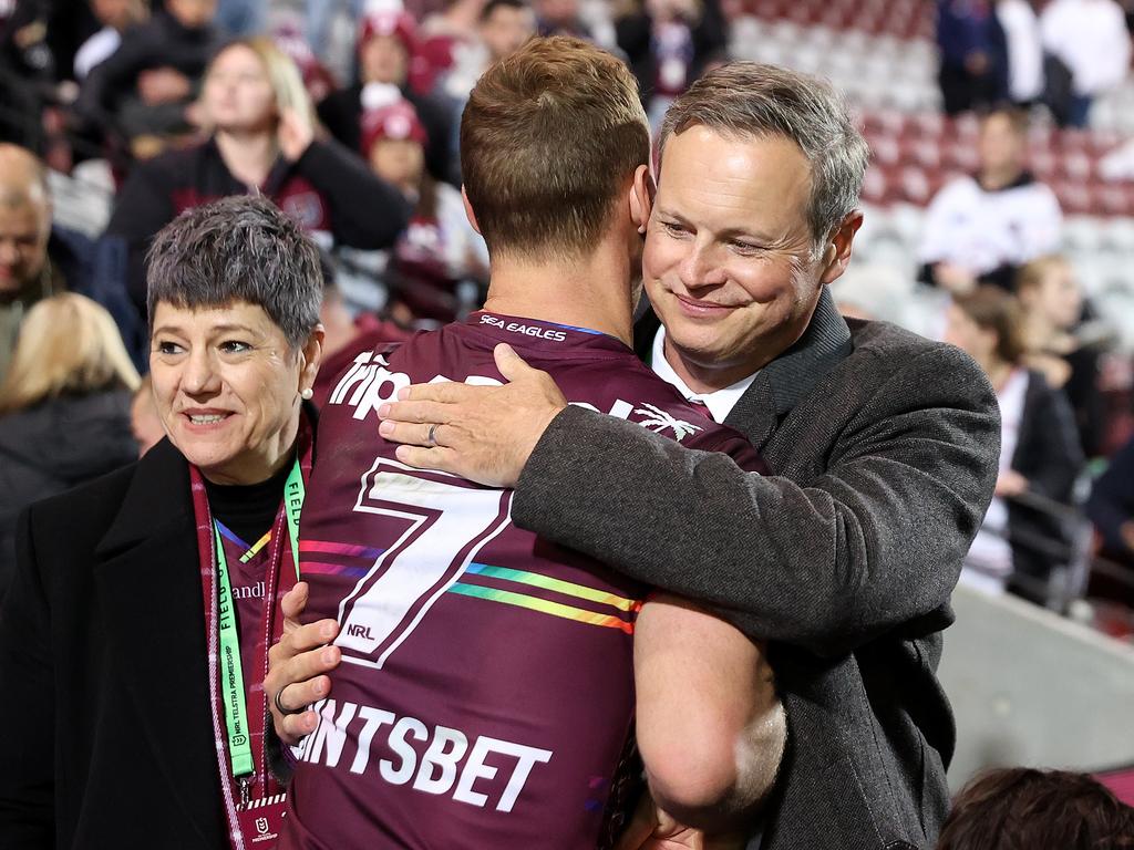 SYDNEY, AUSTRALIA - JULY 28: Daly Cherry-Evans of the Sea Eagles embraces owner and Chairman of the Manly Warringah Sea Eagles Scott Penn after the round 20 NRL match between the Manly Sea Eagles and the Sydney Roosters at 4 Pines Park on July 28, 2022, in Sydney, Australia. (Photo by Cameron Spencer/Getty Images)