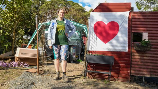 Rahima Jackson, of South Lismore, has been living in a caravan and makeshift campsite since floodwaters and fire destroyed her home in February. Picture: Cath Piltz