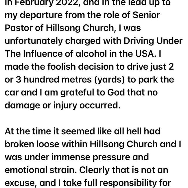 Brian Houston used an Instagram post to confess he has been charged with drink driving in the US. Picture: Instagram