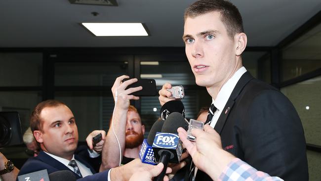 Max Cox speaks to media after his rough conduct charge was thrown out. Picture: Michael Dodge/Getty Images. 