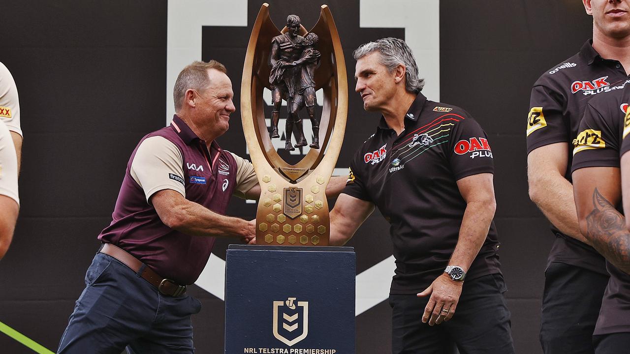 DAILY TELEGRAPH - 28.9.23 Penrith Panthers and Brisbane Broncos pictured at the NRL Fan Fest in Circular Quay today. Coaches Kevin Walters on left shakes hands with Ivan Cleary. Picture: Sam Ruttyn