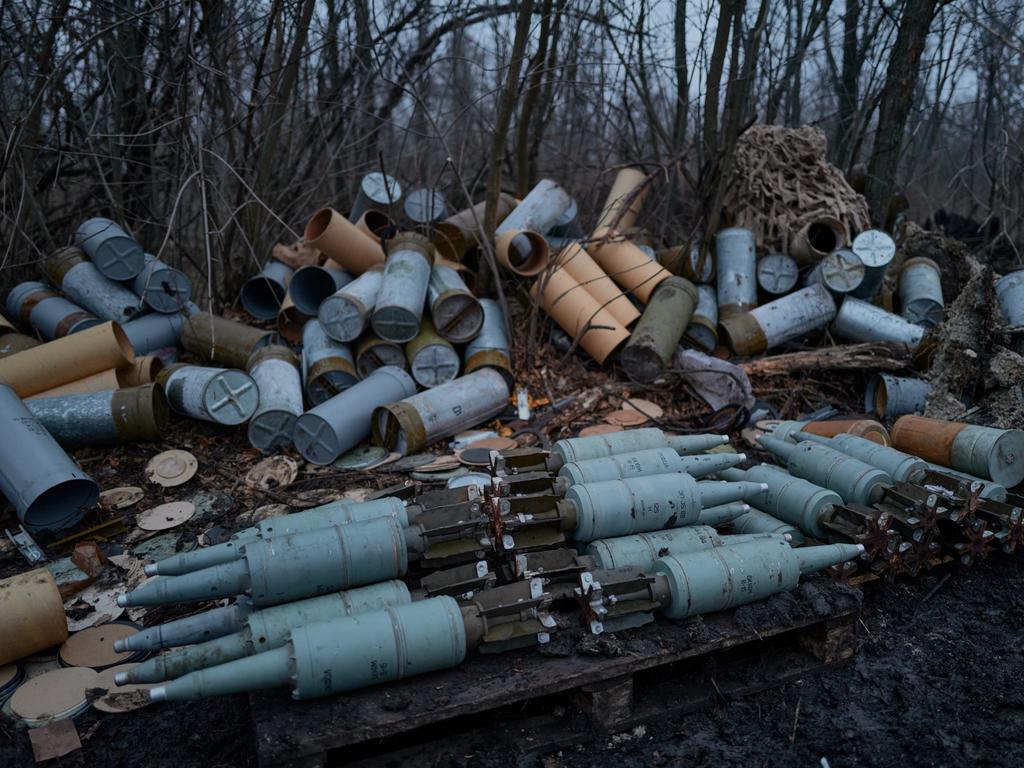 Shells are prepared for the day as Ukrainian tanks from the second company of the tank battalion are positioned on the frontline on December 25 in Donetsk, Ukraine. Picture: Pierre Crom/Getty Images