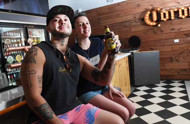 The Beachfront Hotel is included in the Territory’s best pubs. Jamie Caloyon-Rogers and Alex Harley kick back and enjoy a few beers in the joint that used to host the infamous “Rage in the Cage”. Picture: Katrina Bridgeford