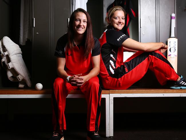 Scorpions players Megan Shutt and Sarah Taylor after their big win in Perth last weekend. Picture: Sarah Reed.