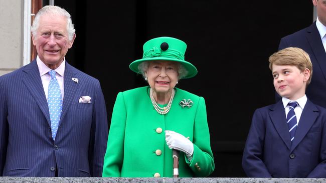 Queen Elizabeth II, Prince Charles, Prince of Wales and Prince George of Cambridge on the balcony of Buckingham Palace during the Platinum Jubilee Pageant. Picture: Getty Images