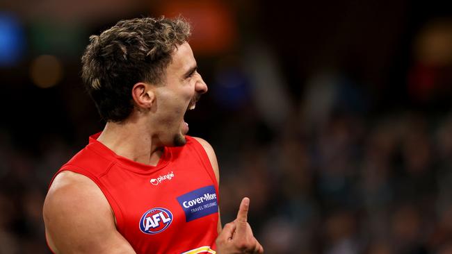 Izak Rankine kicks one of his three goals against Port Adelaide in June - the day he really started thinking about a shift to the Crows. Picture: Getty Images