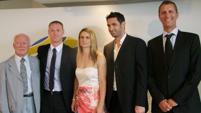 Ted Simmons was inducted into the Football Federation Australia Hall of Fame for his service to the sport. He is pictured with (from left) Craig Moore, Di Alagich, Ned Zelic and Mike Cockerill.