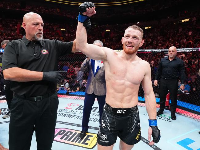 MIAMI, FLORIDA - MARCH 09: Jack Della Maddalena of Australia reacts after his TKO victory against Gilbert Burns of Brazil in a welterweight fight during the UFC 299 event at Kaseya Center on March 09, 2024 in Miami, Florida. (Photo by Chris Unger/Zuffa LLC via Getty Images)