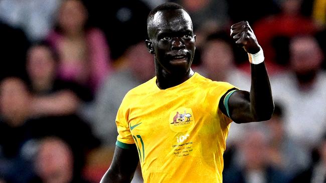 BRISBANE, AUSTRALIA - SEPTEMBER 22: Awer Mabil of Australia celebrates after scoring a goal during the International Friendly match between the Australia Socceroos and the New Zealand All Whites at Suncorp Stadium on September 22, 2022 in Brisbane, Australia. (Photo by Bradley Kanaris/Getty Images)