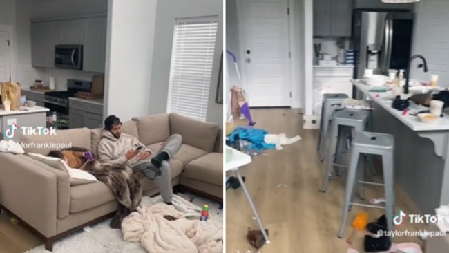 Her husband is seen sitting on the couch on his phone with their son. Image: TikTok / @taylorfrankiepaul