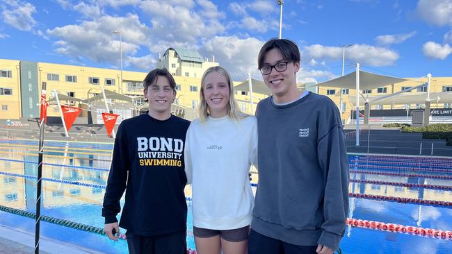 Bond University swimmers (from left) Jesse Coleman, Milla Jansen, Joshua Collett