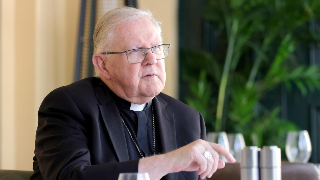 Catholic Archbishop Mark Coleridge being interviewed by Michael Madigan at Moo Moo Bar &amp; Grill, Brisbane City. Picture: Steve Pohlner