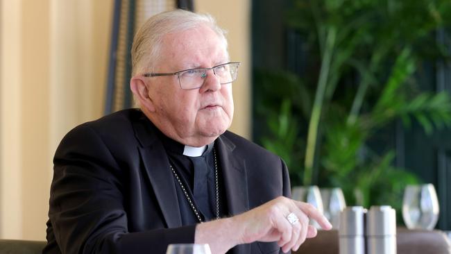 Catholic Archbishop Mark Coleridge being interviewed by Michael Madigan at Moo Moo Bar &amp; Grill, Brisbane City. Picture: Steve Pohlner