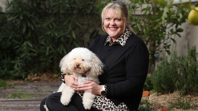 Emma Harper and her dog Ella at home in Chelsea. Pic: Michael Klein.