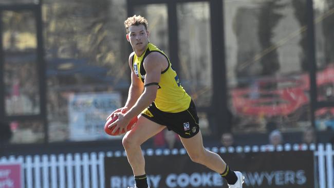 Jake Aarts is in serious doubt for Richmond’s VFL Grand Final after an ugly bump. Picture: AAP