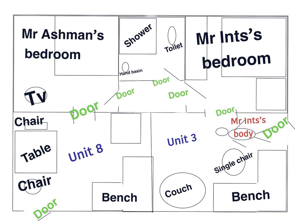 Not to scale diagram of the layout of the Cambridge Street, Granville, unit complex murder scene drawn from diagrams shown in court in the accused murderer Jake Scott Ashman's trial in the Supreme Court in Rockhampton.