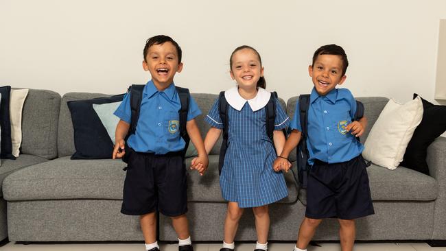 Triplets Luis, Alexia and Tristan Georgas are excited about starting school. Picture: Monique Harmer