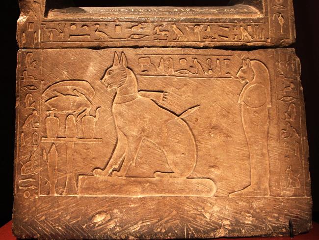 The sarcophagus for Prince Thutmose's cat. Some of the earliest evidence of domestic cats is found in Egyptian artwork from about 4000 years ago. But a wild cat was buried with a human on Cyprus 9,500 years ago, indicating some kind of close relationship existed then. Between those two points, experts say. Picture: AP / Elaine Thompson