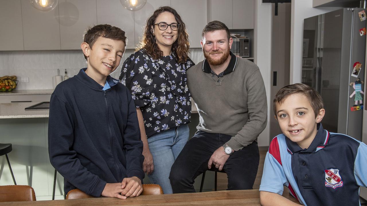 Nadine and Luke Richards with their sons Riley (left) and Charlie. The Richards family live in Kleinton in June 2022. Picture: Nev Madsen.