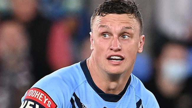 GOLD COAST, AUSTRALIA - JULY 14:  Jack Wighton of the Blues runs the ball during game three of the 2021 State of Origin Series between the New South Wales Blues and the Queensland Maroons at Cbus Super Stadium on July 14, 2021 in Gold Coast, Australia. (Photo by Bradley Kanaris/Getty Images)