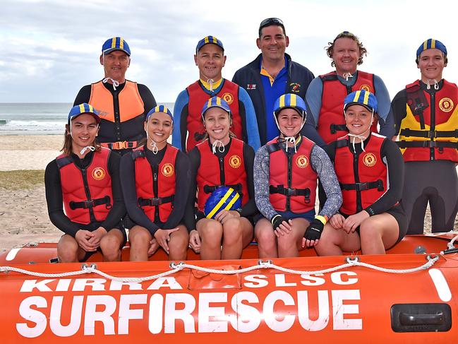 Four father-child combinations will compete for Kirra surf club at the 2020 IRB state titles. Top L-R Noel Clemson, Joel Kinneally, Anthony Cassone, Michael Delahunt, Oklan Allard-Delahunt. Bottom L-R: Josh Clemson, Sophie Clemson, Ella Kinneally, Shayna Cassone, Aurah Allard-Delahunt. Pic: SLSQ