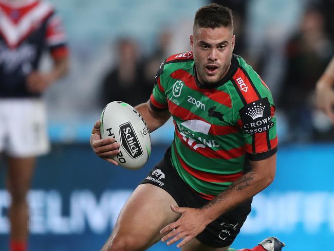 Souths Corey Allan scores a try during the Souths v Roosters NRL match at ANZ Stadium, Homebush. Picture: Brett Costello