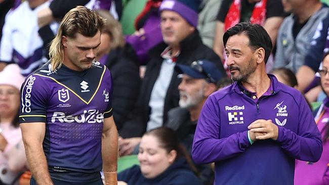 MELBOURNE, AUSTRALIA - MAY 08: Ryan Papenhuyzen of the Storm leaves the ground with an injury during the round nine NRL match between the Melbourne Storm and the St George Illawarra Dragons at AAMI Park, on May 08, 2022, in Melbourne, Australia. (Photo by Robert Cianflone/Getty Images)