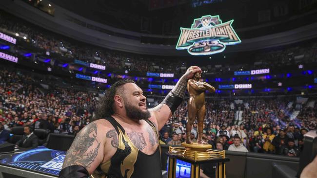 Adelaide WWE star Bronson Reed with the Andre the Giant Memorial Battle Royal trophy. Picture: WWE