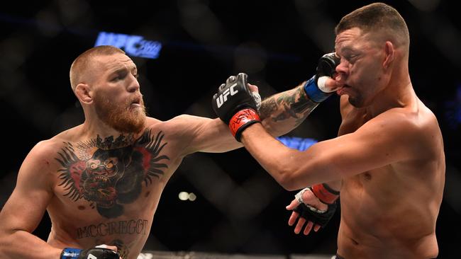 Nate Diaz fights Conor McGregor of Ireland in their welterweight bout during the UFC 202 event in 2016. Picture: Getty Images