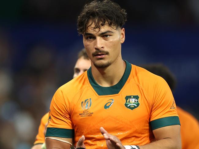 SAINT-ETIENNE, FRANCE - SEPTEMBER 17: Jordan Petaia of Australia looks dejected at full-time following the Rugby World Cup France 2023 match between Australia and Fiji at Stade Geoffroy-Guichard on September 17, 2023 in Saint-Etienne, France. (Photo by Phil Walter/Getty Images)