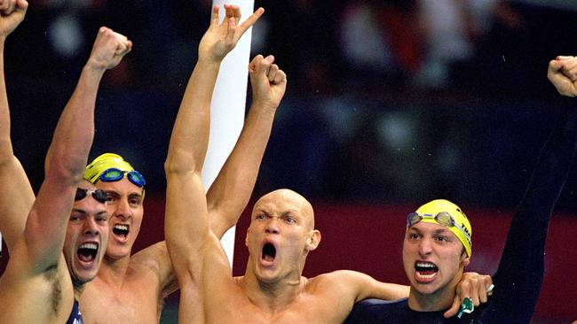 Ashley Callus, Chris Fydler, Michael Klim and Ian Thorpe celebrate gold in Sydney when Olympic sports were at an all-time high. Mandatory Credit: Al Bello /Allsport