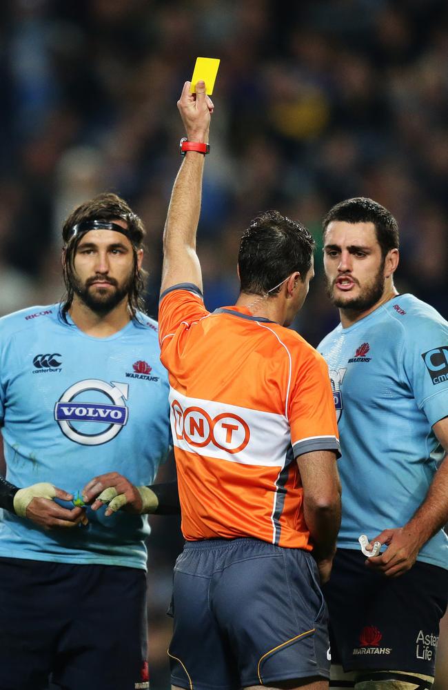 Waratahs flanker Jacques Potgieter is yellow carded for a swinging arm.