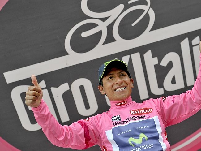 Overall leader ... Colombia's Nairo Quintana celebrates on podium after winning the 16th stage of the Giro d'Italia cycling race.