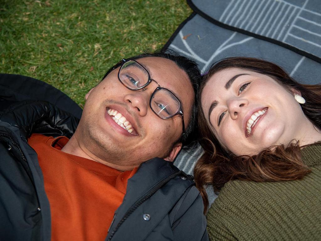 Relaxing at the festival, Ash Abdullrabzak and Jess Hando. Festival of Food and Wine, Queens Park, Toowoomba Carnival of Flowers. Saturday September 10, 2022 Picture: Bev Lacey