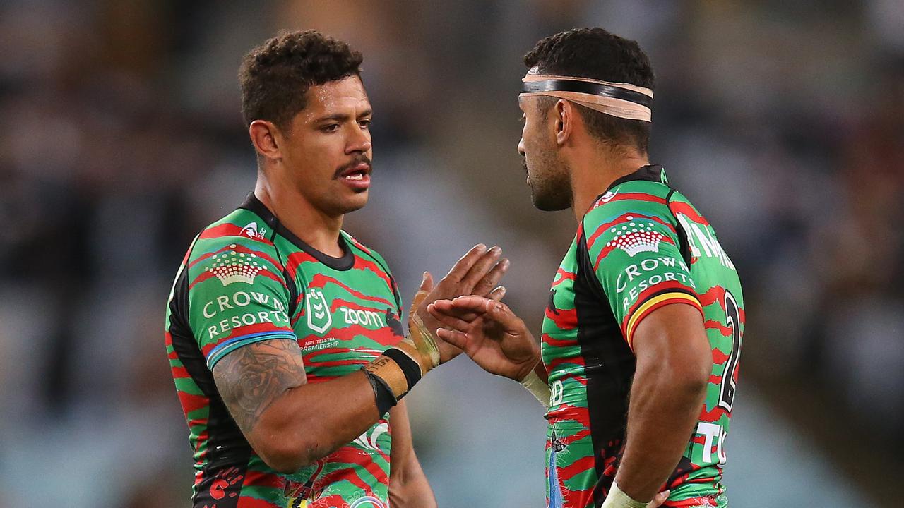 SYDNEY, AUSTRALIA - MAY 29: Dane Gagai and Alex Johnston of the Rabbitohs celebrate on full time during the round 12 NRL match between the South Sydney Rabbitohs and the Parramatta Eels at Stadium Australia, on May 29, 2021, in Sydney, Australia. (Photo by Jason McCawley/Getty Images)