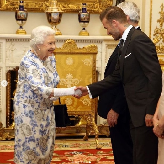 David Beckham meets the Queen in this throwback photo tribute to mark Jubilee celebrations. Picture: Supplied.