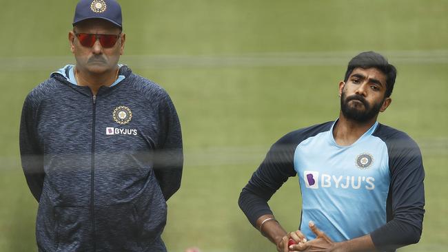 India head coach Ravi Shastri looks as spearhead Jasprit Bumrah bowls in the nets at the MCG Picture: Getty Images